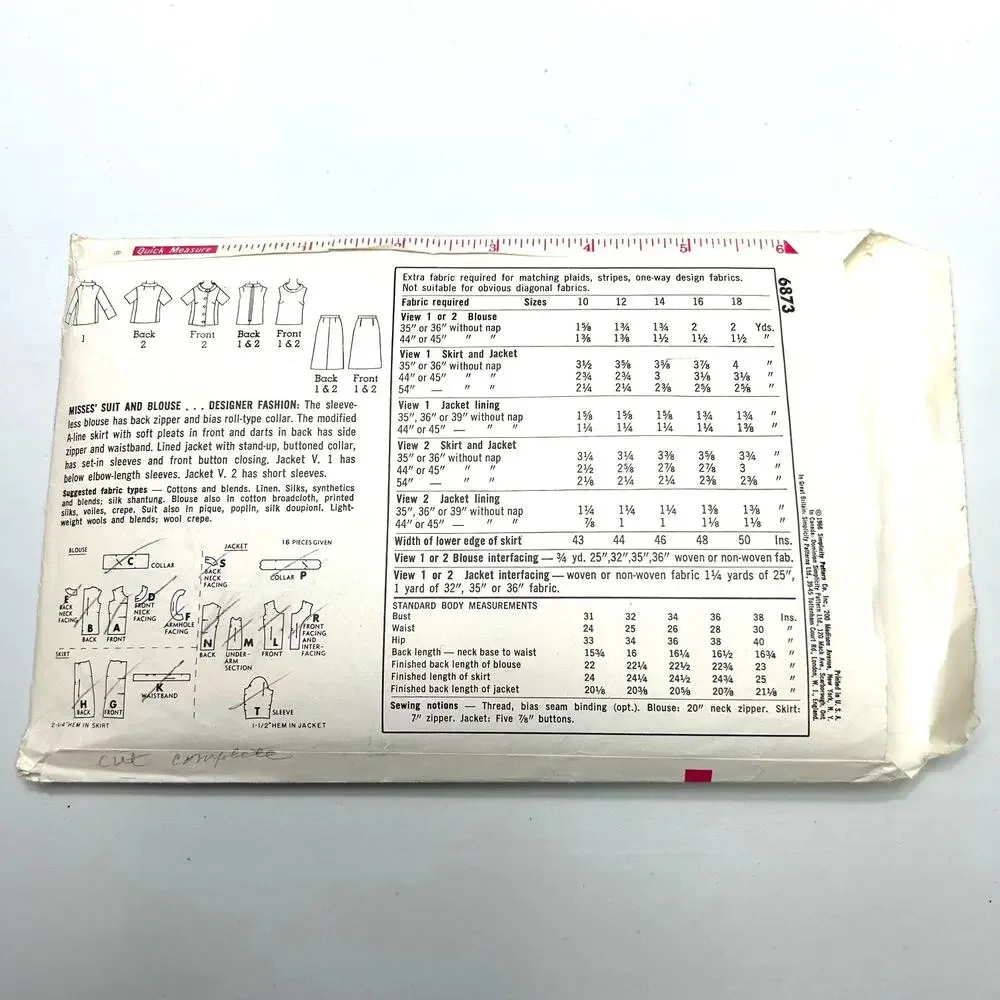 Simplicity Designer Vintage 1960's Pattern‎ #6873 Misses Suit and Blouse Size 14
